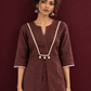 Brown Cotton Co-Ord Set with Contrast Cream Kantha Neckline & Cowrie Shell Tassels with Straight Fit Pant — styled view