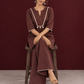 Brown Cotton Co-Ord Set with Contrast Cream Kantha Neckline & Cowrie Shell Tassels with Straight Fit Pant — seated