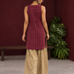 Maroon Printed Cotton Sleeveless Co-Ord Set with Polka Dot Motifs and Pleated Beige Farshi Salwar — back view