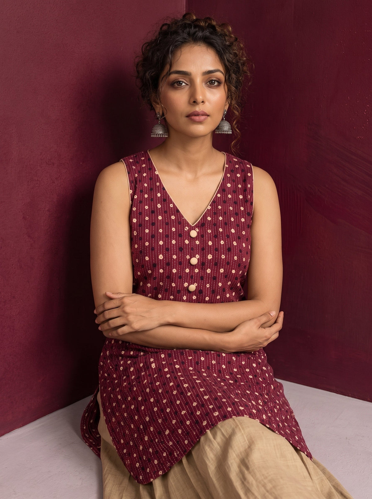 Maroon Printed Cotton Sleeveless Co-Ord Set with Polka Dot Motifs and Pleated Beige Farshi Salwar — seated detail