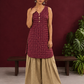 Maroon Printed Cotton Sleeveless Co-Ord Set with Polka Dot Motifs and Pleated Beige Farshi Salwar — front view