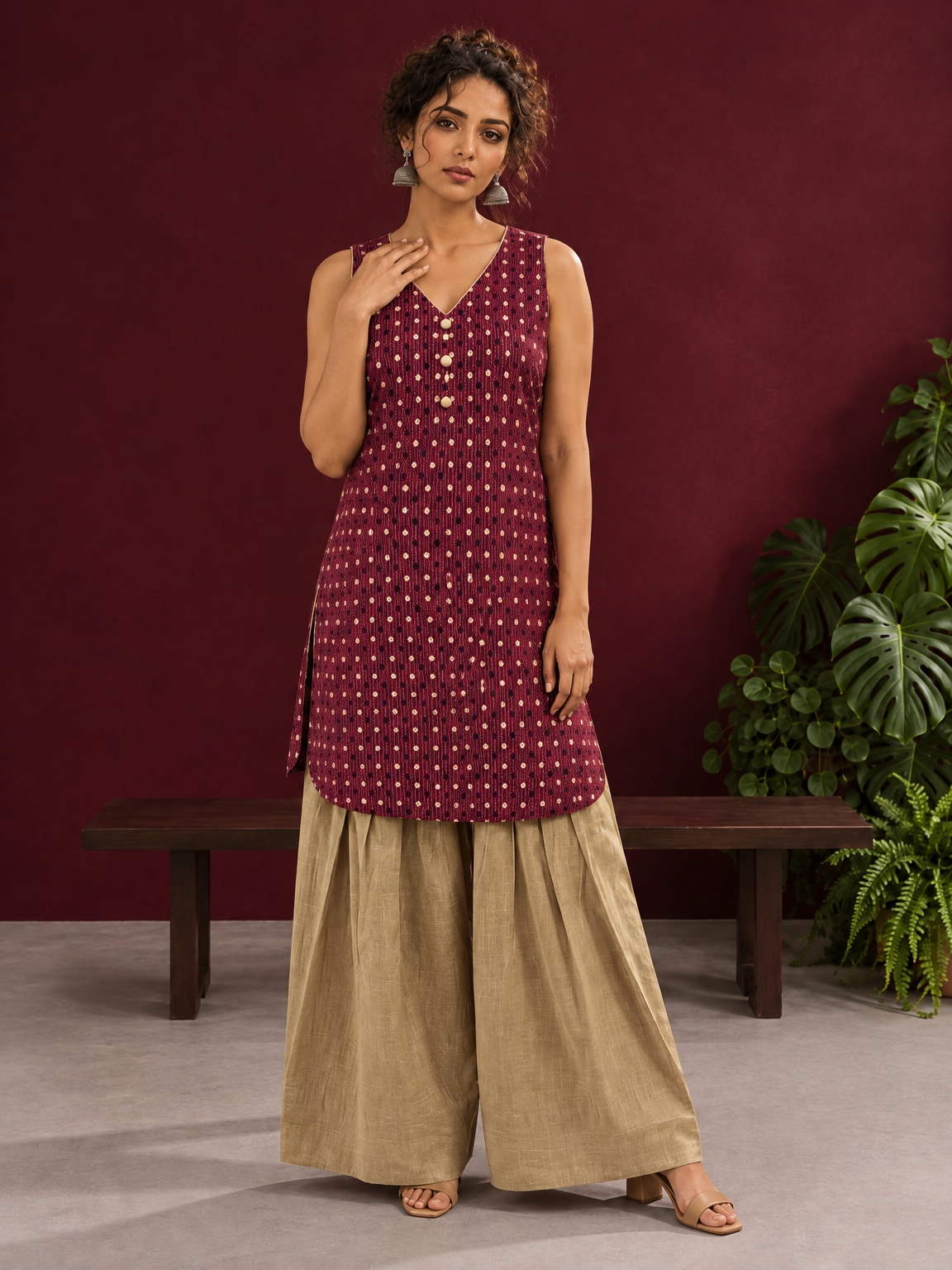 Maroon Printed Cotton Sleeveless Co-Ord Set with Polka Dot Motifs and Pleated Beige Farshi Salwar — front view