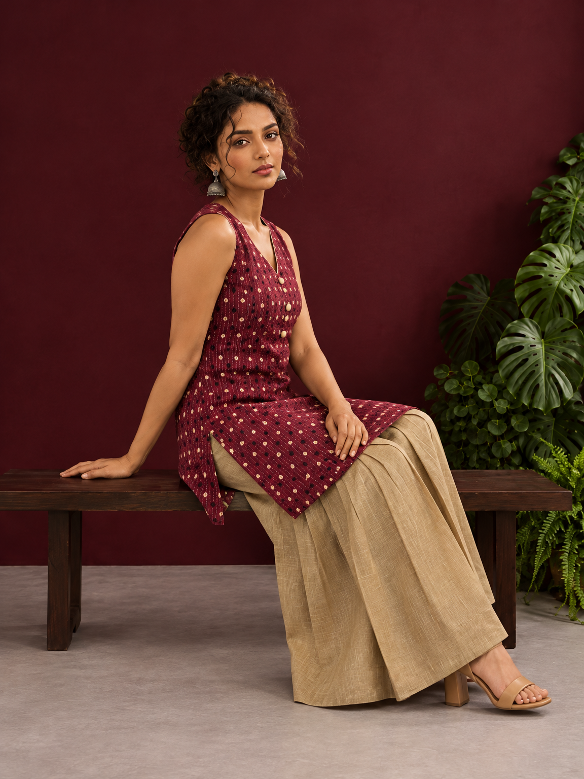Maroon Printed Cotton Sleeveless Co-Ord Set with Polka Dot Motifs and Pleated Beige Farshi Salwar — seated