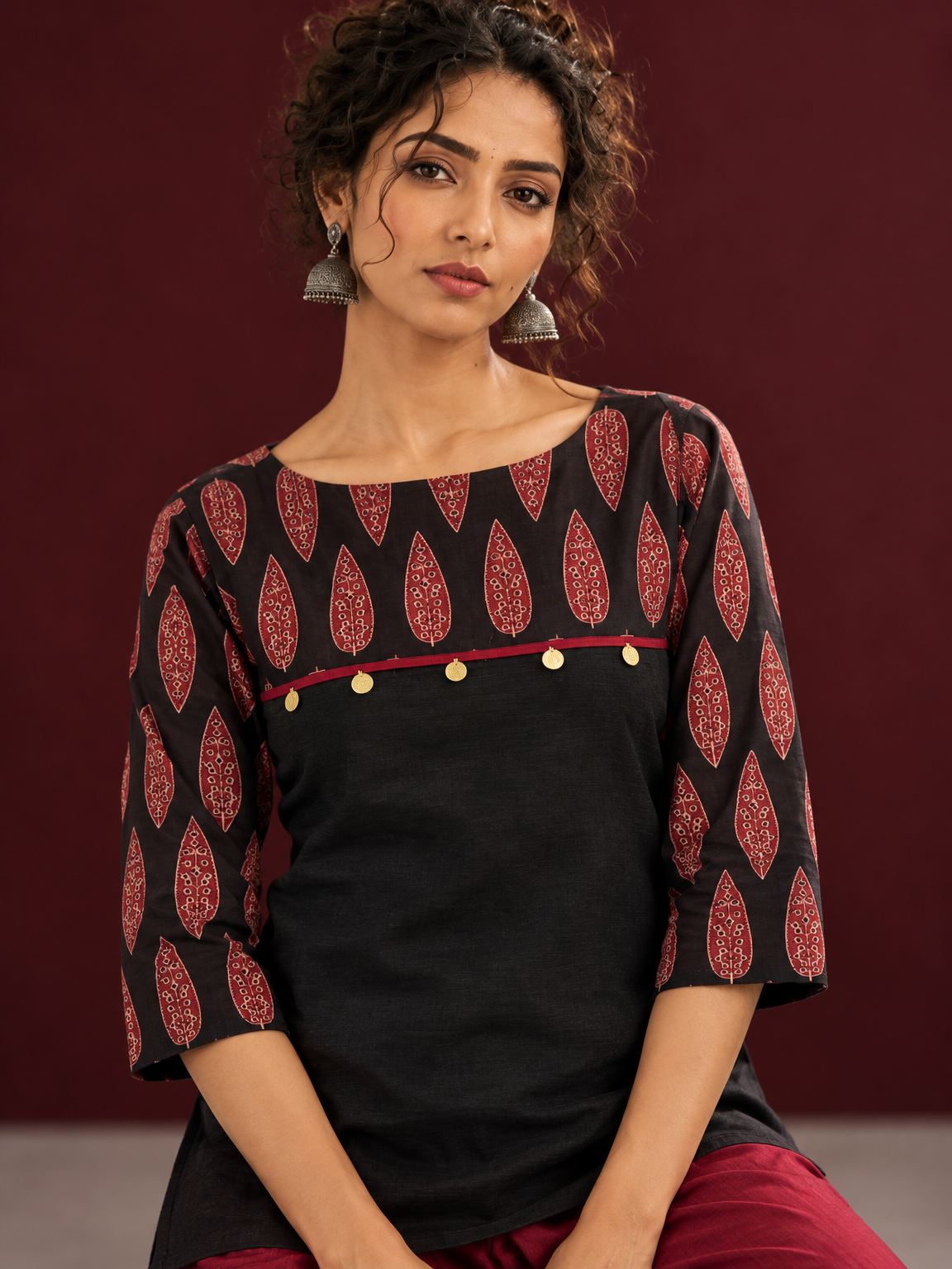 Classic Black Cotton Ajrakh Tunic Co-ord Set with Maroon Straight Pant — fabric detail
