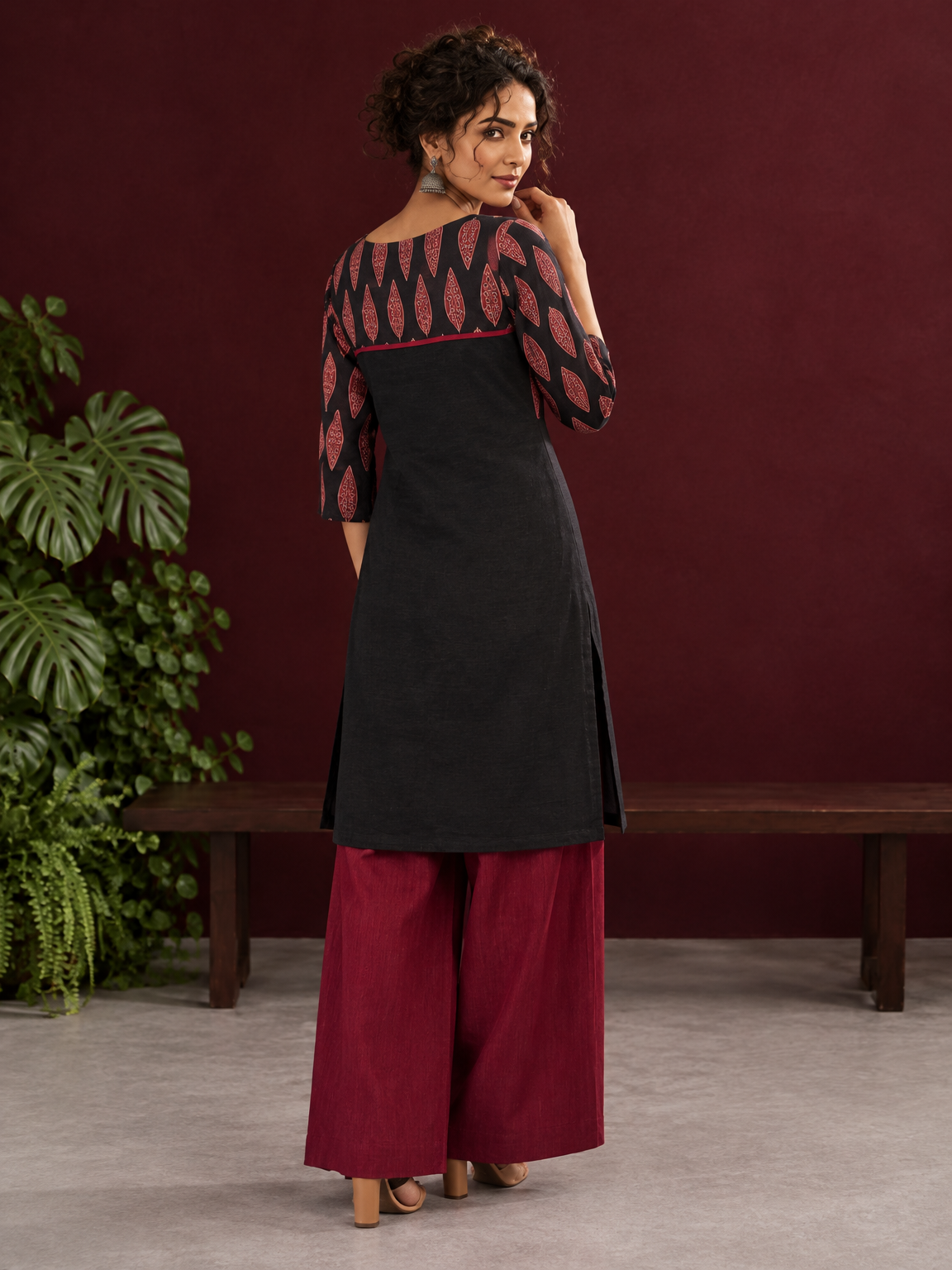 Classic Black Cotton Ajrakh Tunic Co-ord Set with Maroon Straight Pant — back view