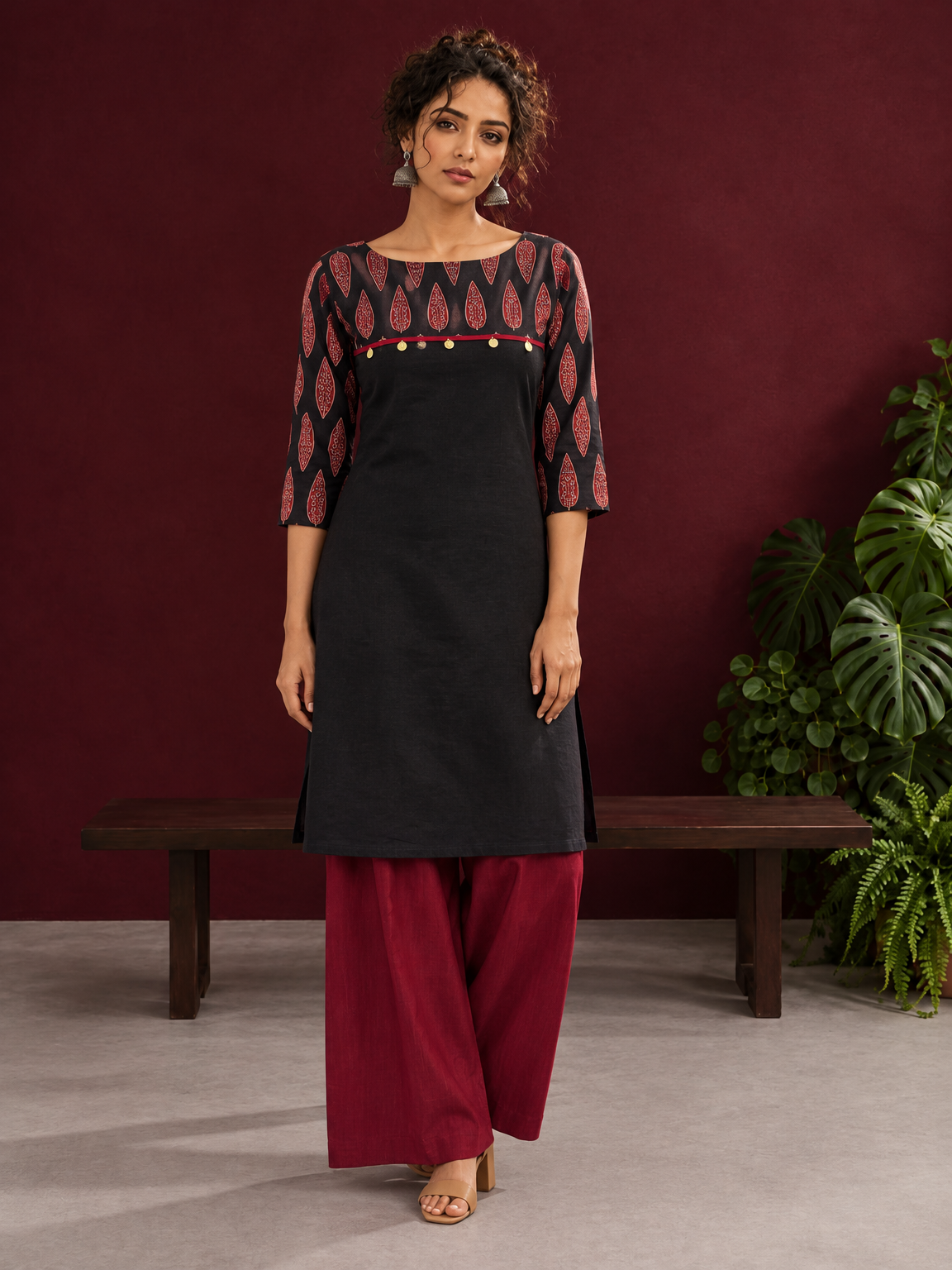 Classic Black Cotton Ajrakh Tunic Co-ord Set with Maroon Straight Pant — front view