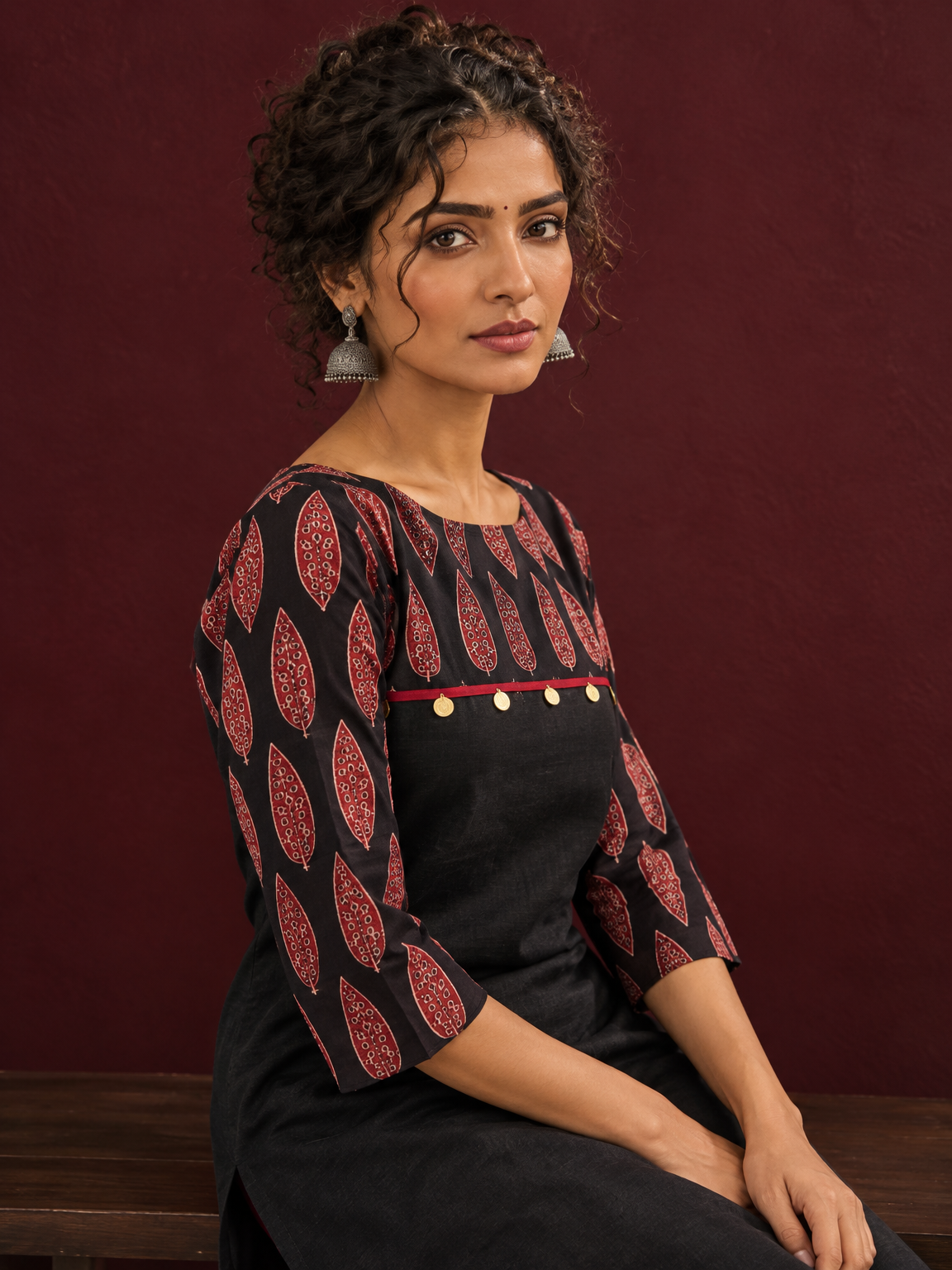 Classic Black Cotton Ajrakh Tunic Co-ord Set with Maroon Straight Pant — seated detail