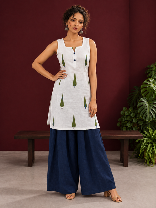 White Cotton Sleeveless Printed Tunic Co-ord Set with Navy Blue Cotton Farshi Salwar — front view