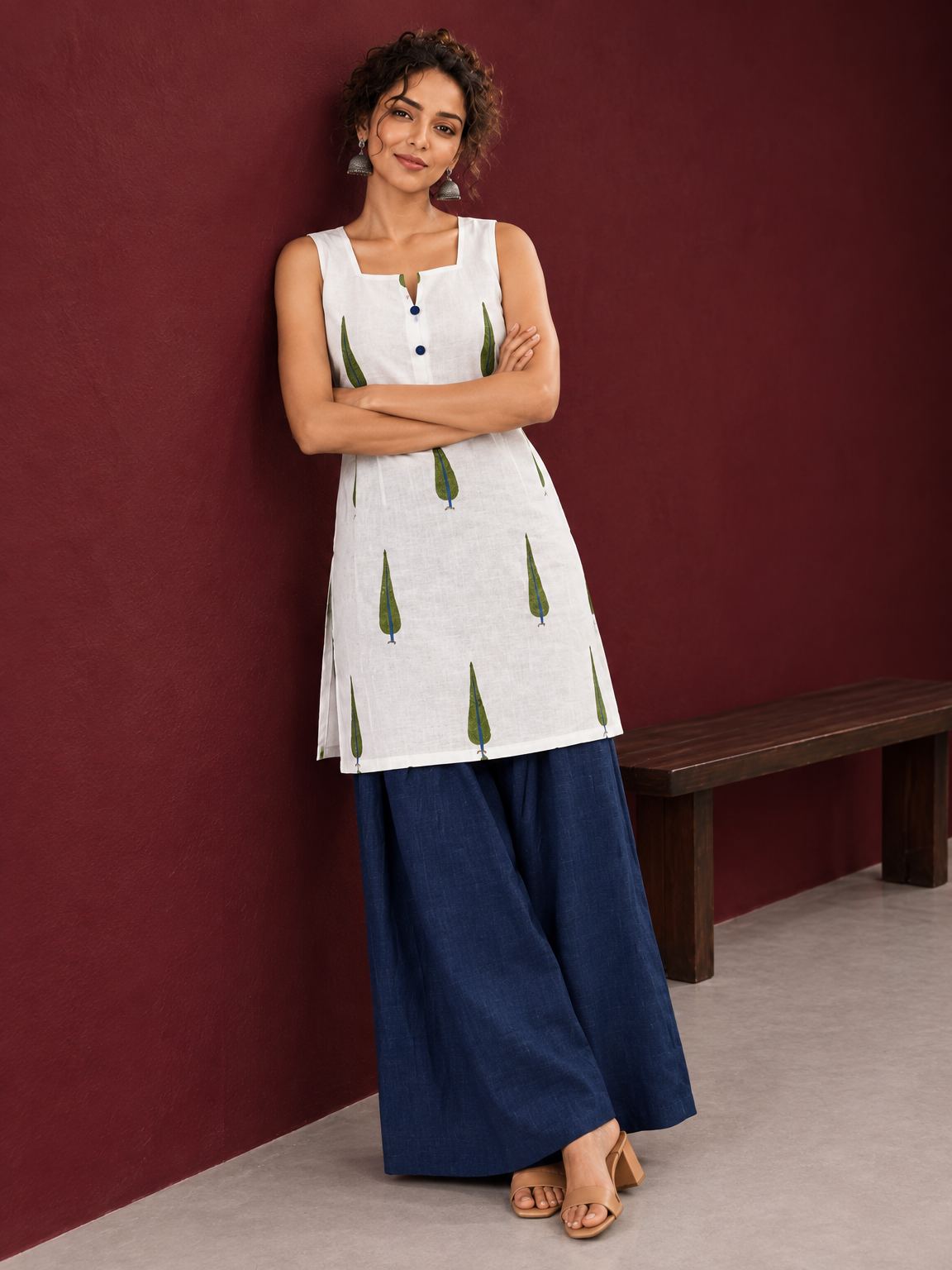 White Cotton Sleeveless Printed Tunic Co-ord Set with Navy Blue Cotton Farshi Salwar — side view