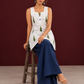 White Cotton Sleeveless Printed Tunic Co-ord Set with Navy Blue Cotton Farshi Salwar — seated
