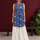 Blue Cotton Sleeveless Floral Printed Tunic Co-ord Set with White Cotton Farshi Salwar — front view