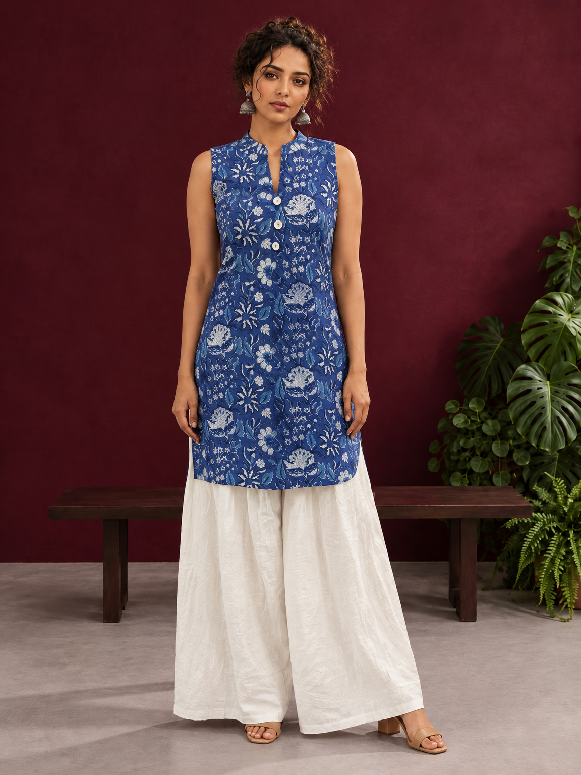Blue Cotton Sleeveless Floral Printed Tunic Co-ord Set with White Cotton Farshi Salwar — front view