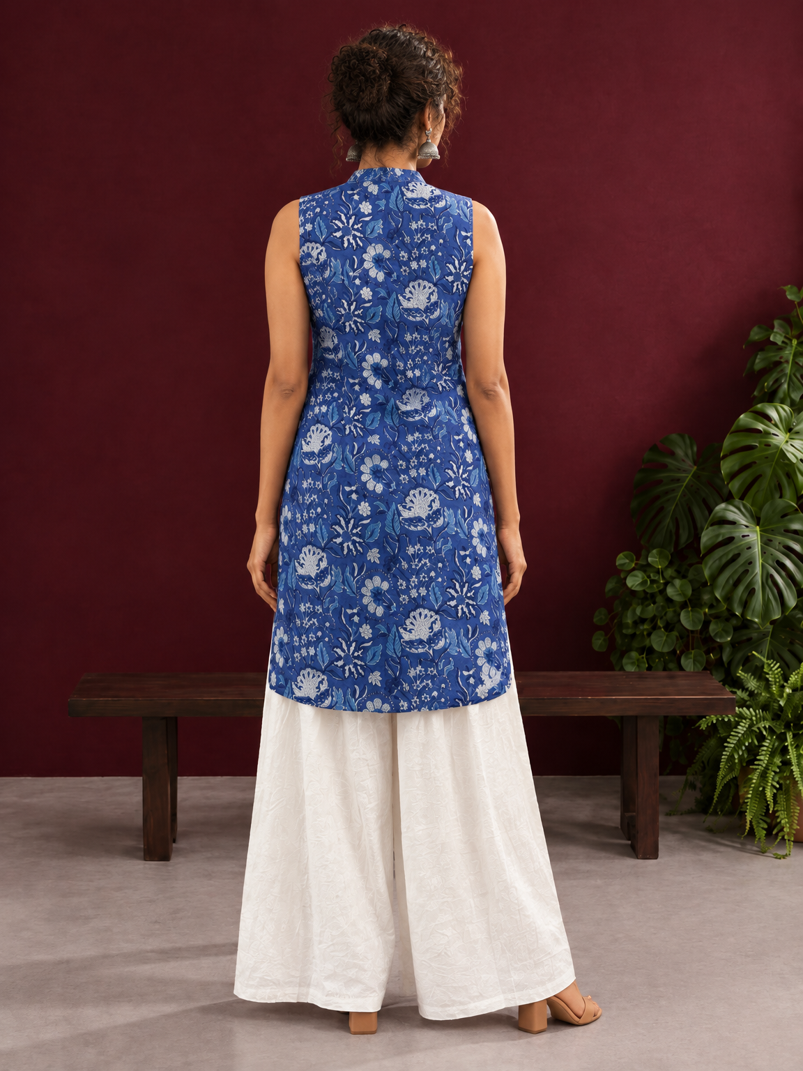 Blue Cotton Sleeveless Floral Printed Tunic Co-ord Set with White Cotton Farshi Salwar — back view