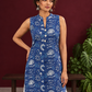 Blue Cotton Sleeveless Floral Printed Tunic Co-ord Set with White Cotton Farshi Salwar — fabric detail