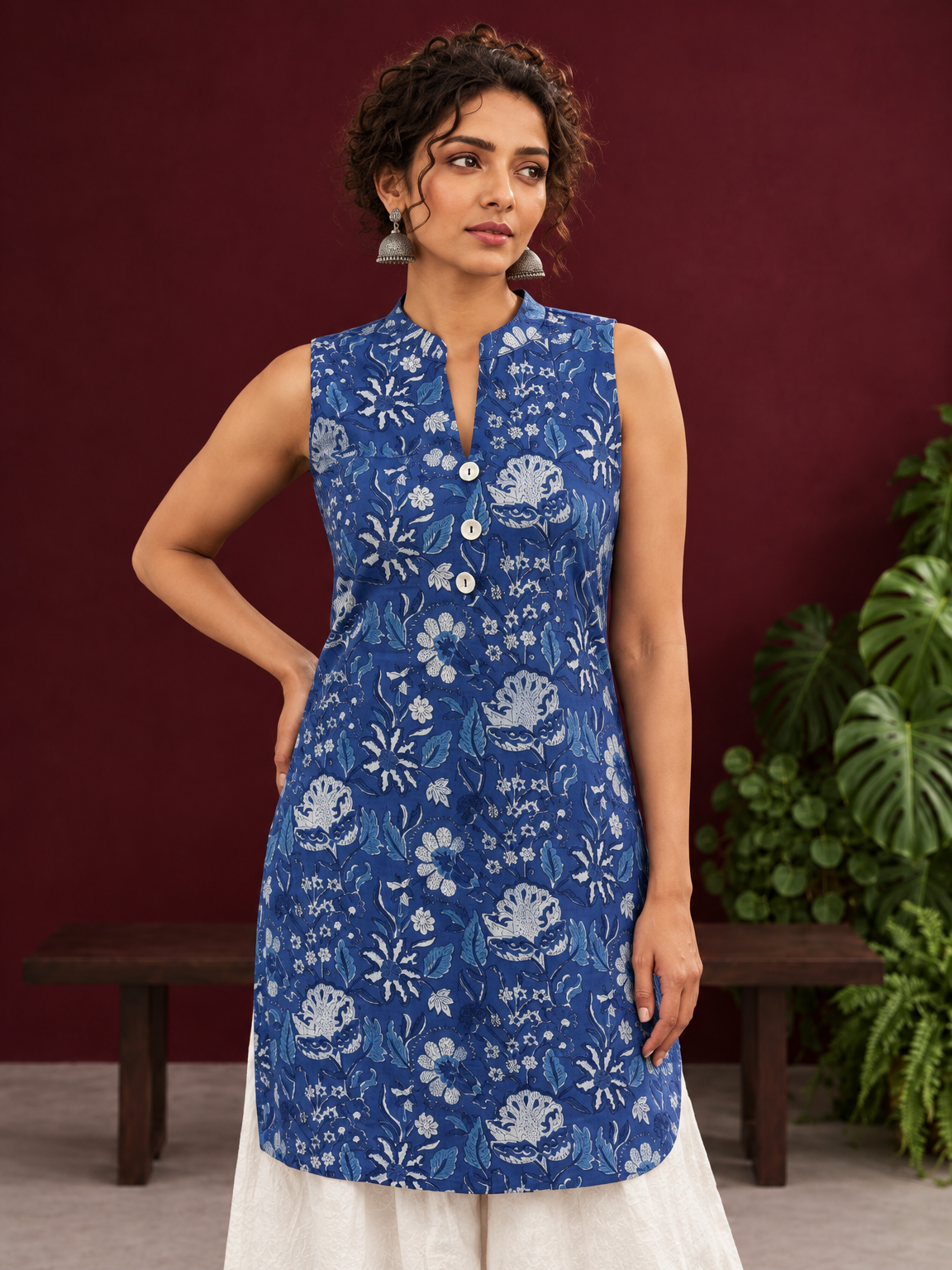 Blue Cotton Sleeveless Floral Printed Tunic Co-ord Set with White Cotton Farshi Salwar — fabric detail