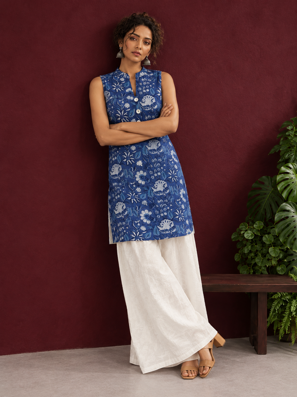 Blue Cotton Sleeveless Floral Printed Tunic Co-ord Set with White Cotton Farshi Salwar — side view