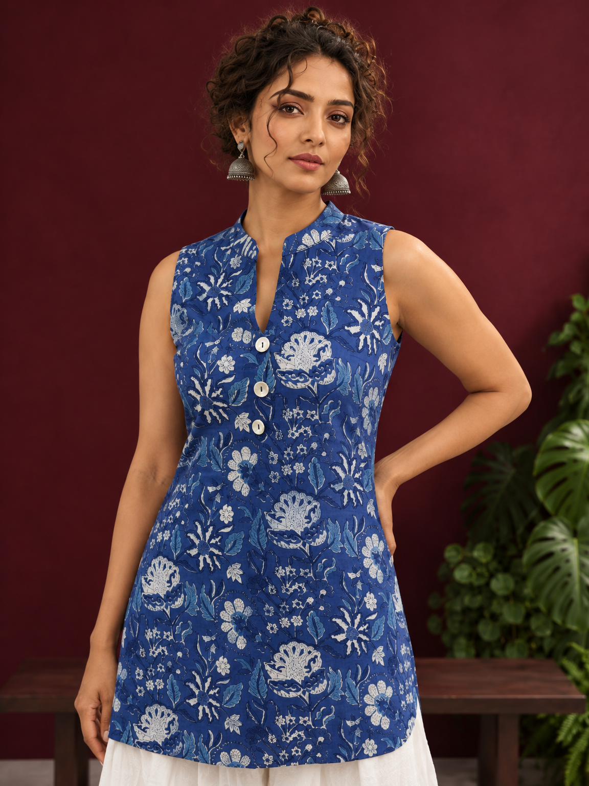 Blue Cotton Sleeveless Floral Printed Tunic Co-ord Set with White Cotton Farshi Salwar — styled view