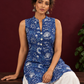 Blue Cotton Sleeveless Floral Printed Tunic Co-ord Set with White Cotton Farshi Salwar — seated detail