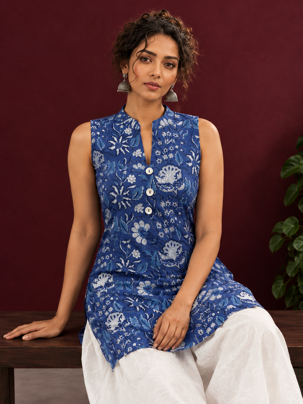 Blue Cotton Sleeveless Floral Printed Tunic Co-ord Set with White Cotton Farshi Salwar — seated detail