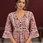 Dusty Pink Cotton Floral Printed Tunic Co-ord Set with White Cotton Farshi Salwar — fabric detail