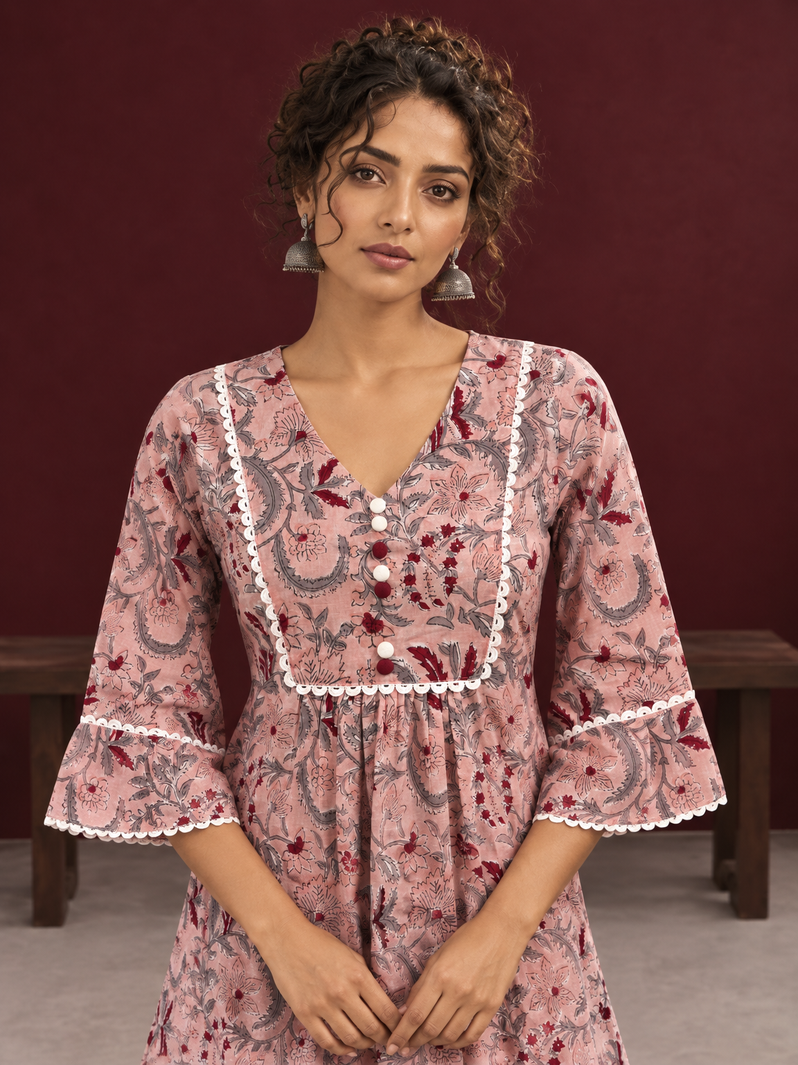 Dusty Pink Cotton Floral Printed Tunic Co-ord Set with White Cotton Farshi Salwar — fabric detail