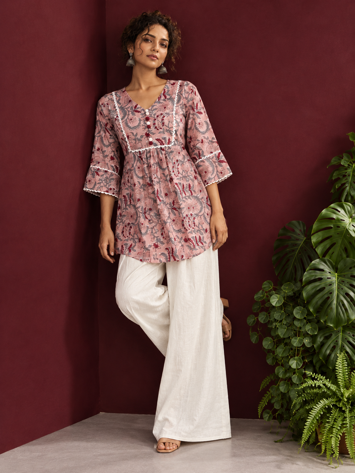 Dusty Pink Cotton Floral Printed Tunic Co-ord Set with White Cotton Farshi Salwar — side view