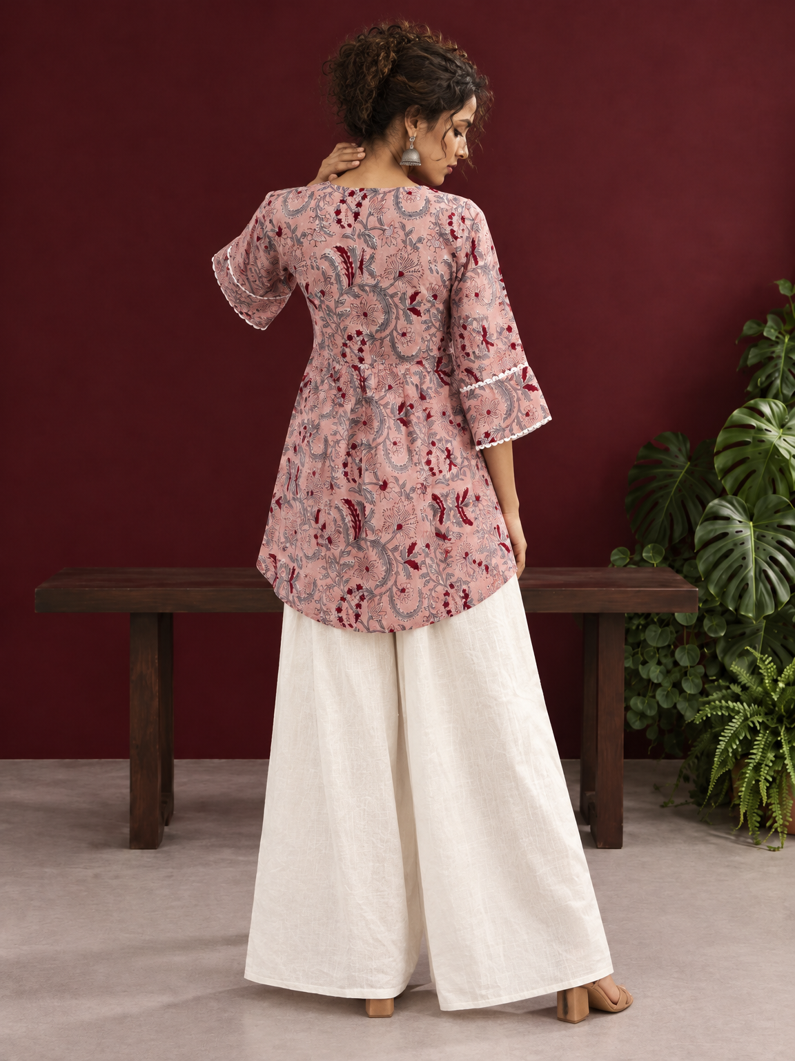 Dusty Pink Cotton Floral Printed Tunic Co-ord Set with White Cotton Farshi Salwar — back view