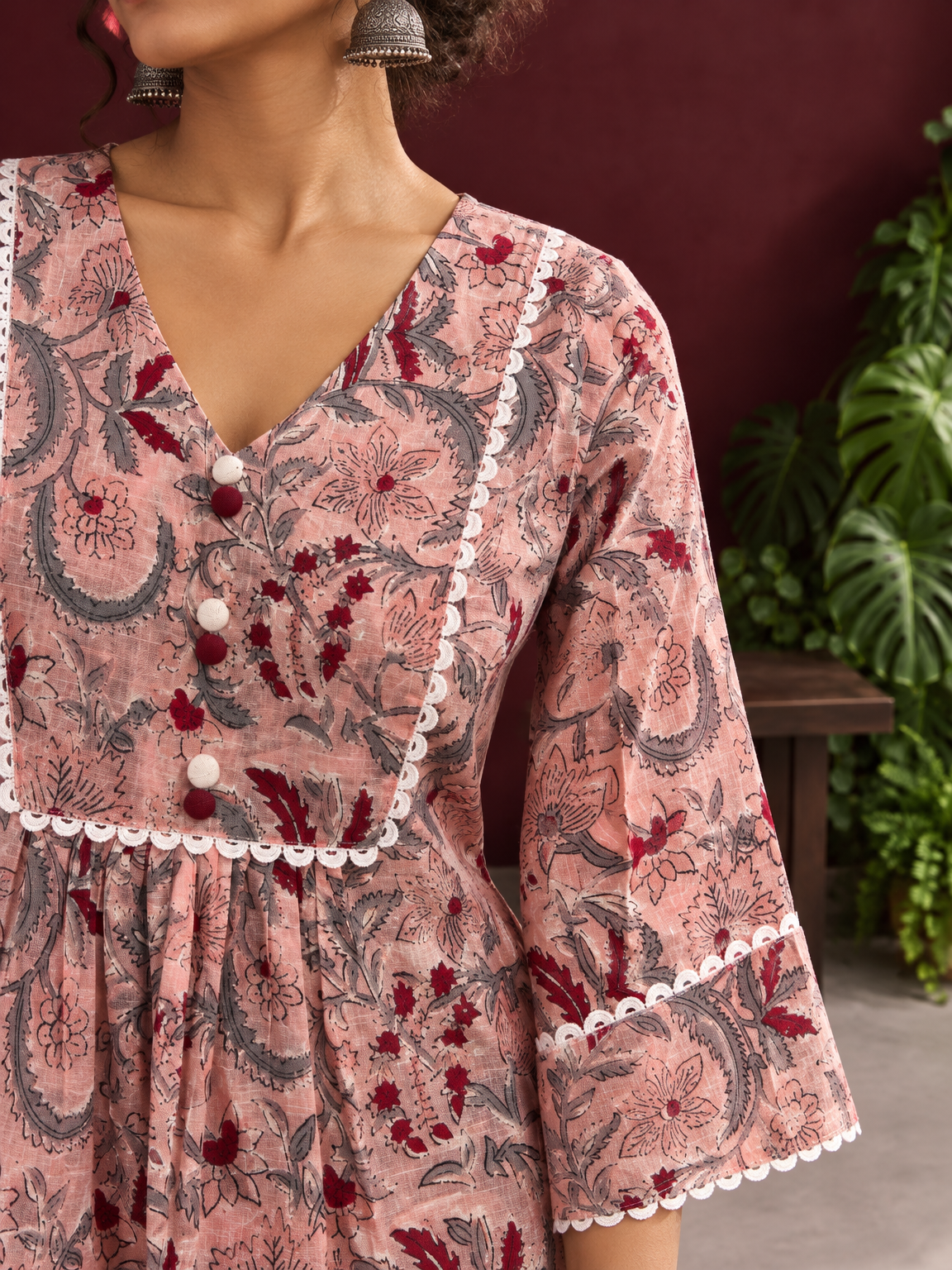 Dusty Pink Cotton Floral Printed Tunic Co-ord Set with White Cotton Farshi Salwar — fabric close-up