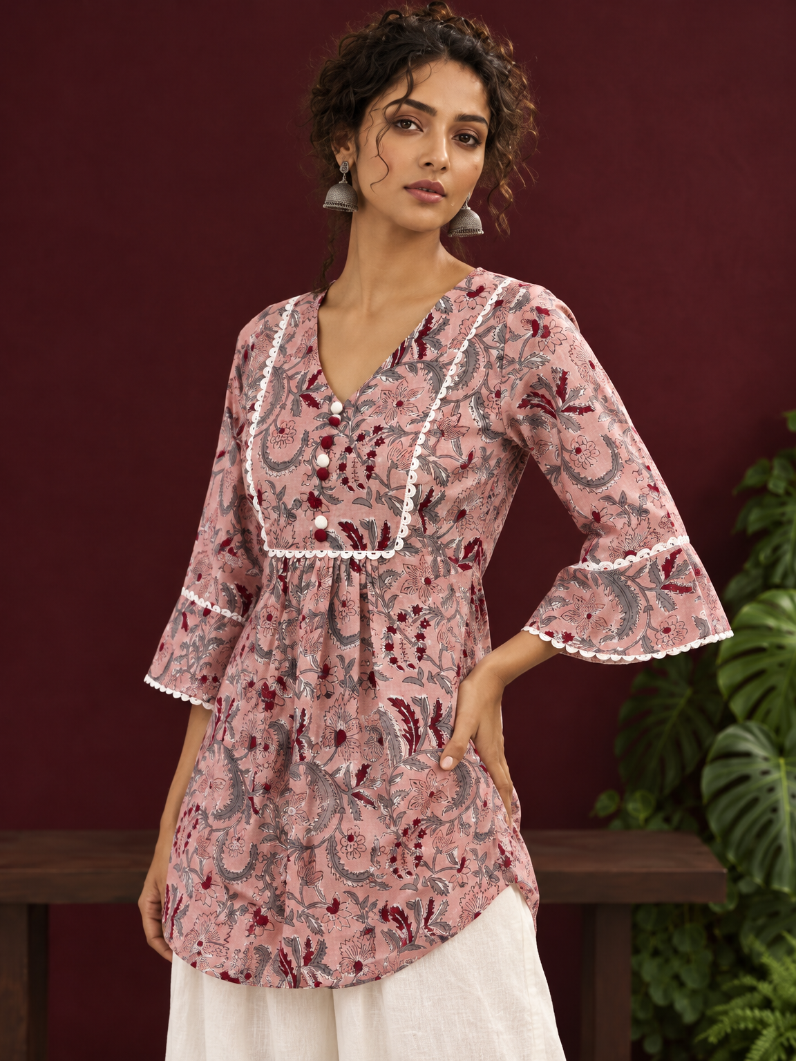 Dusty Pink Cotton Floral Printed Tunic Co-ord Set with White Cotton Farshi Salwar — styled view
