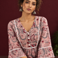 Dusty Pink Cotton Floral Printed Tunic Co-ord Set with White Cotton Farshi Salwar — seated detail