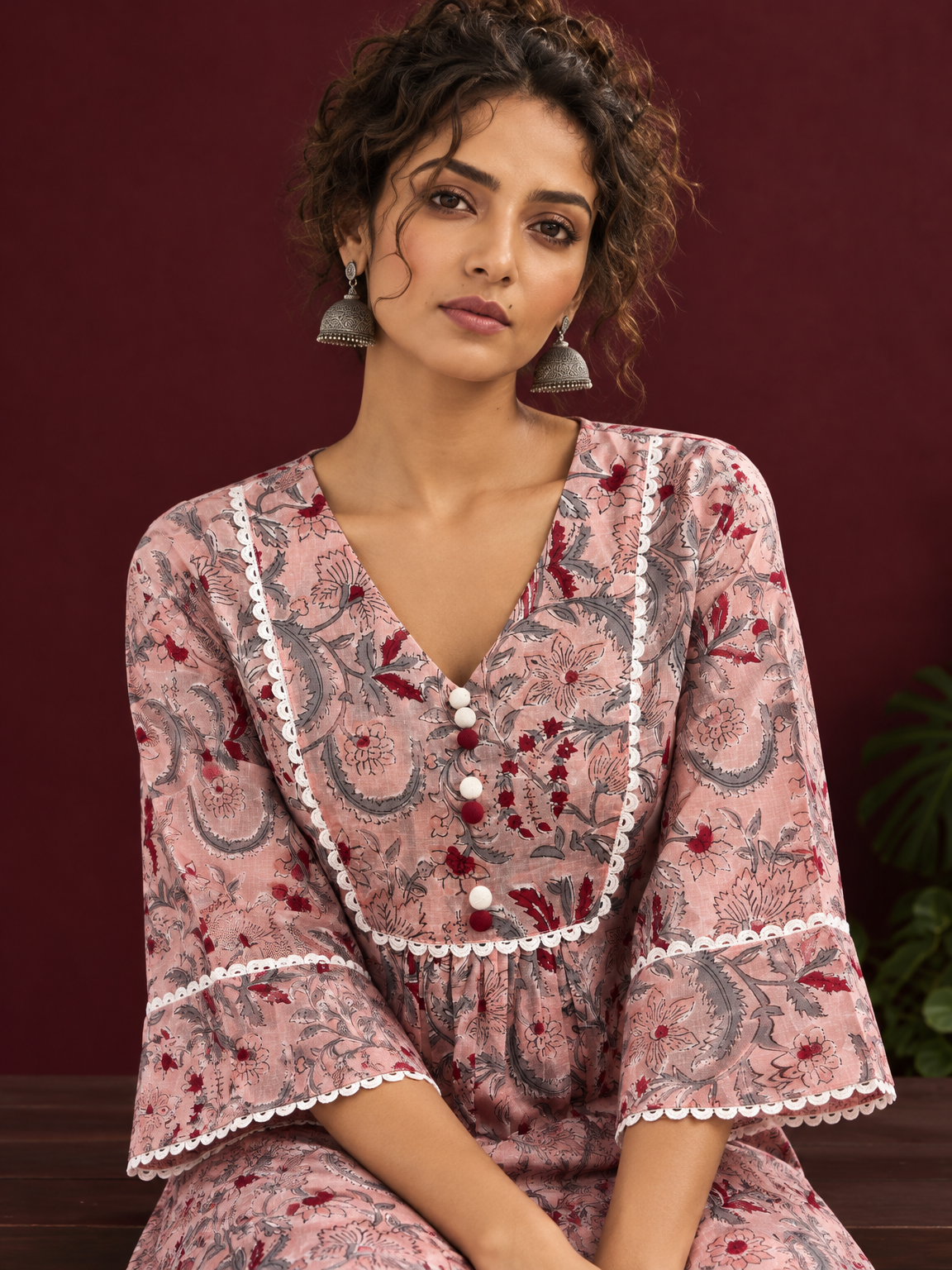 Dusty Pink Cotton Floral Printed Tunic Co-ord Set with White Cotton Farshi Salwar — seated detail