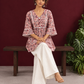 Dusty Pink Cotton Floral Printed Tunic Co-ord Set with White Cotton Farshi Salwar — seated