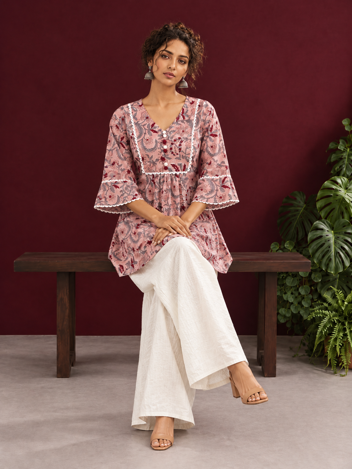 Dusty Pink Cotton Floral Printed Tunic Co-ord Set with White Cotton Farshi Salwar — seated
