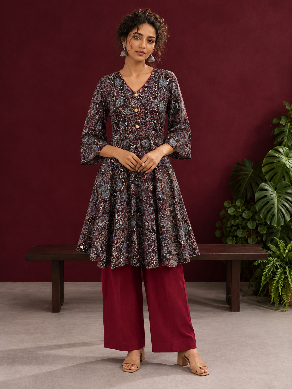 Black Ajrakh Print Cotton Tunic Co-ord Set with Maroon Cotton Straight Pant — front view