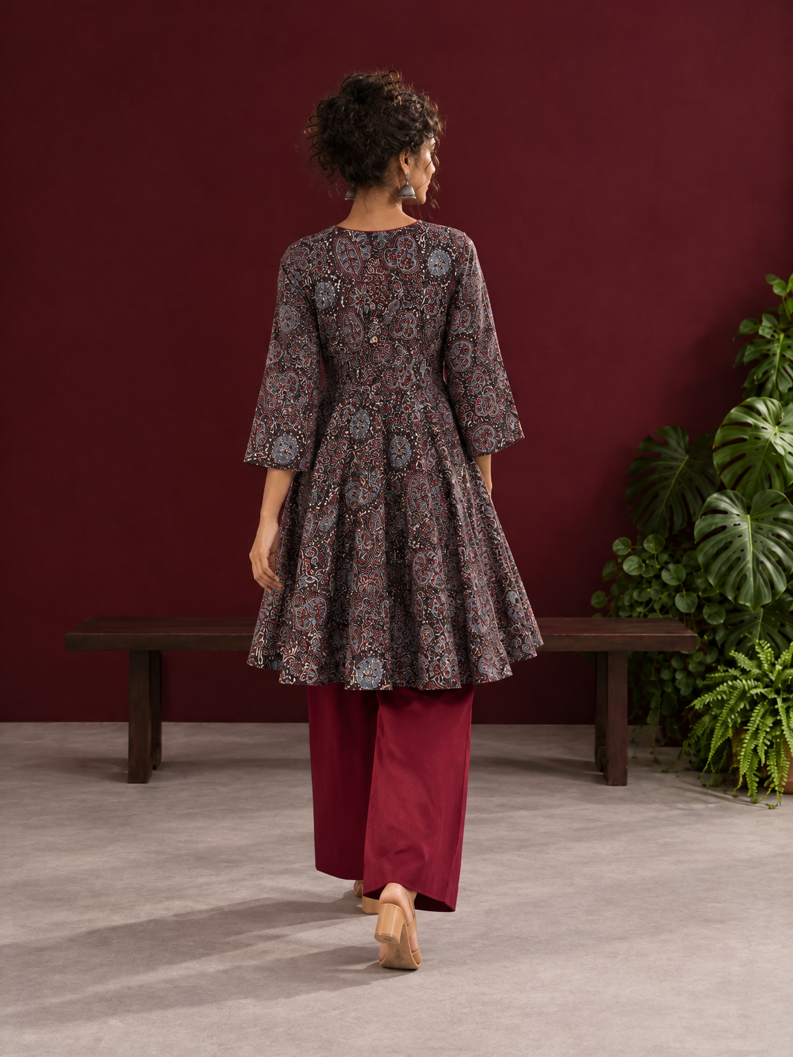 Black Ajrakh Print Cotton Tunic Co-ord Set with Maroon Cotton Straight Pant — back view