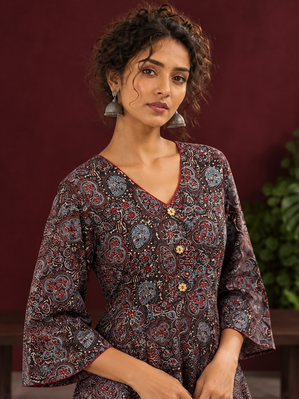 Black Ajrakh Print Cotton Tunic Co-ord Set with Maroon Cotton Straight Pant — fabric detail