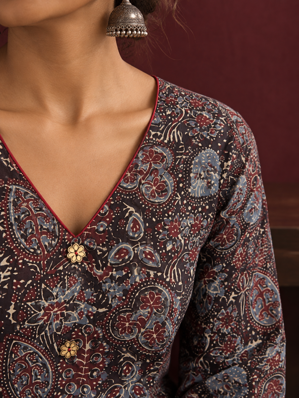 Black Ajrakh Print Cotton Tunic Co-ord Set with Maroon Cotton Straight Pant — fabric close-up