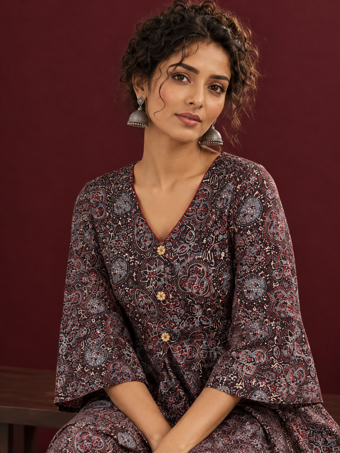 Black Ajrakh Print Cotton Tunic Co-ord Set with Maroon Cotton Straight Pant — seated detail