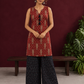 Rustic Maroon Cotton Ikat Printed Sleeveless Tunic Co-ord Set with Black Ikat Straight Pant — front view