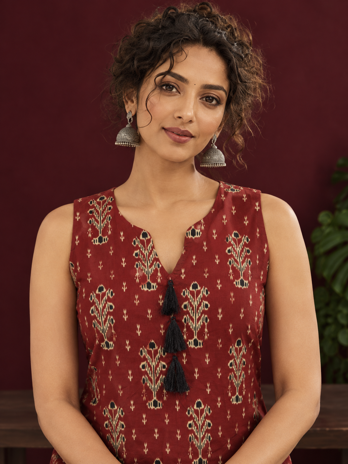 Rustic Maroon Cotton Ikat Printed Sleeveless Tunic Co-ord Set with Black Ikat Straight Pant — fabric detail