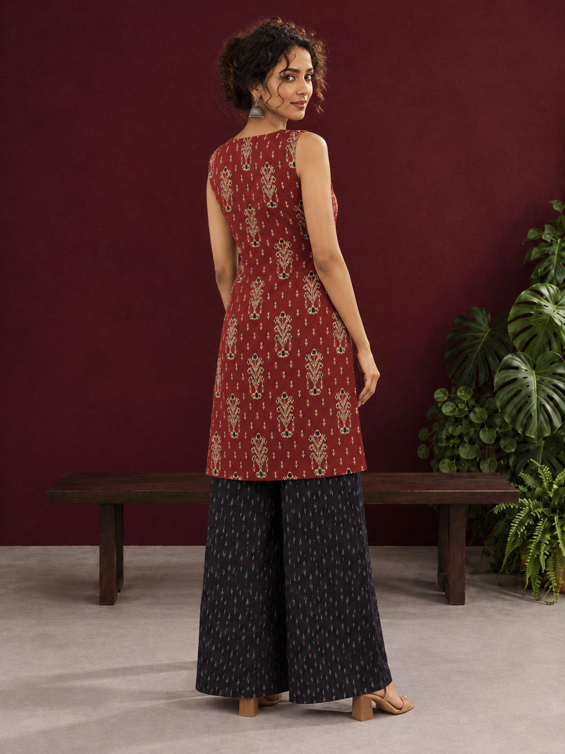 Rustic Maroon Cotton Ikat Printed Sleeveless Tunic Co-ord Set with Black Ikat Straight Pant — back view