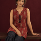 Rustic Maroon Cotton Ikat Printed Sleeveless Tunic Co-ord Set with Black Ikat Straight Pant — seated detail