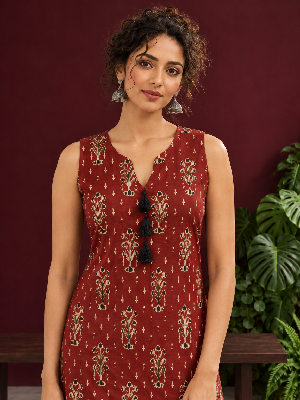 Rustic Maroon Cotton Ikat Printed Sleeveless Tunic Co-ord Set with Black Ikat Straight Pant — styled view