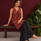 Rustic Maroon Cotton Ikat Printed Sleeveless Tunic Co-ord Set with Black Ikat Straight Pant — seated