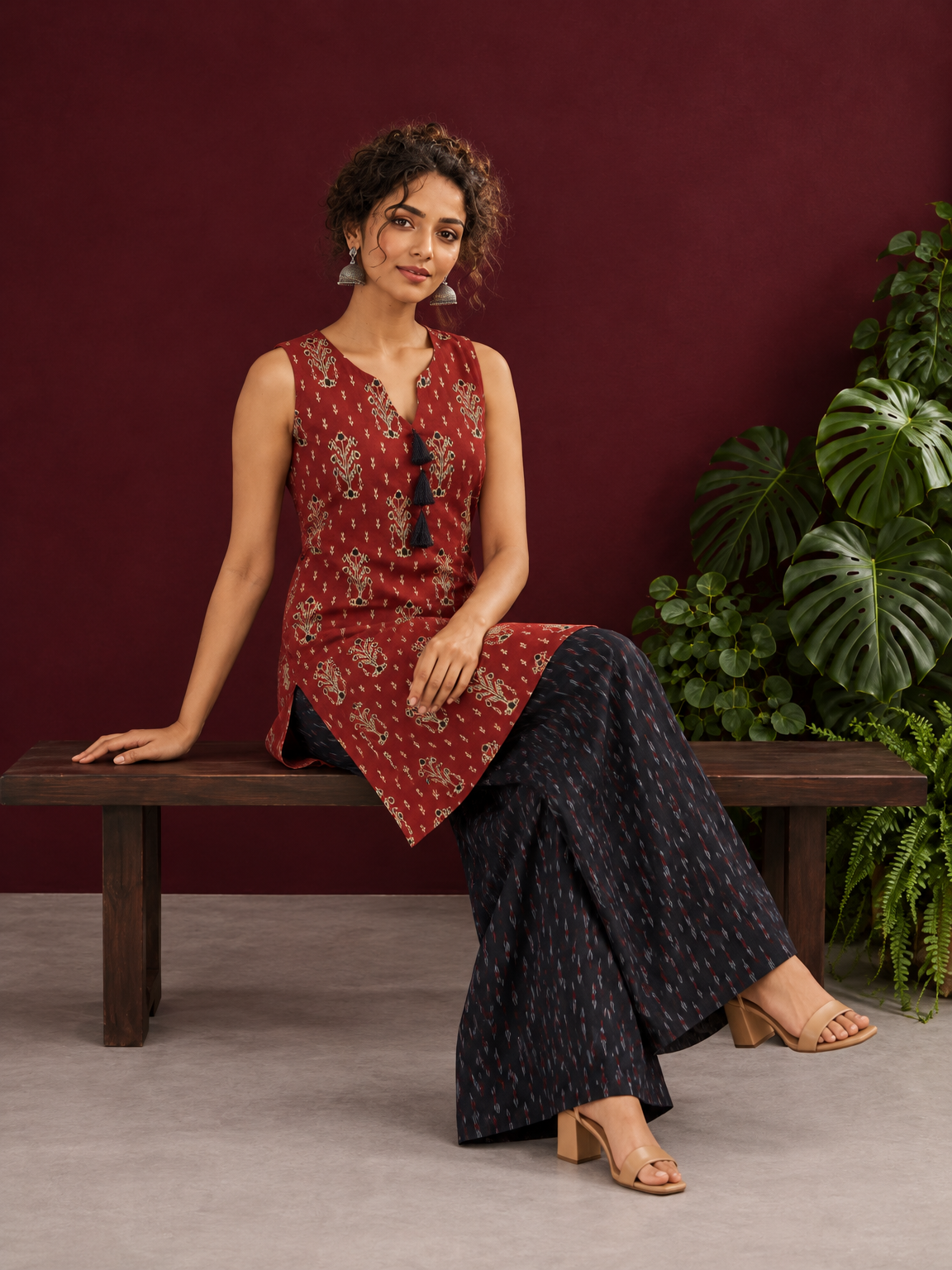 Rustic Maroon Cotton Ikat Printed Sleeveless Tunic Co-ord Set with Black Ikat Straight Pant — seated