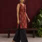 Rustic Maroon Cotton Ikat Printed Sleeveless Tunic Co-ord Set with Black Ikat Straight Pant — in motion