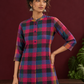 Madras checks Cotton Co ord with Mandarin Collar and Contrast Navy Button Placket and navy blue Farshi Salwar — fabric detail