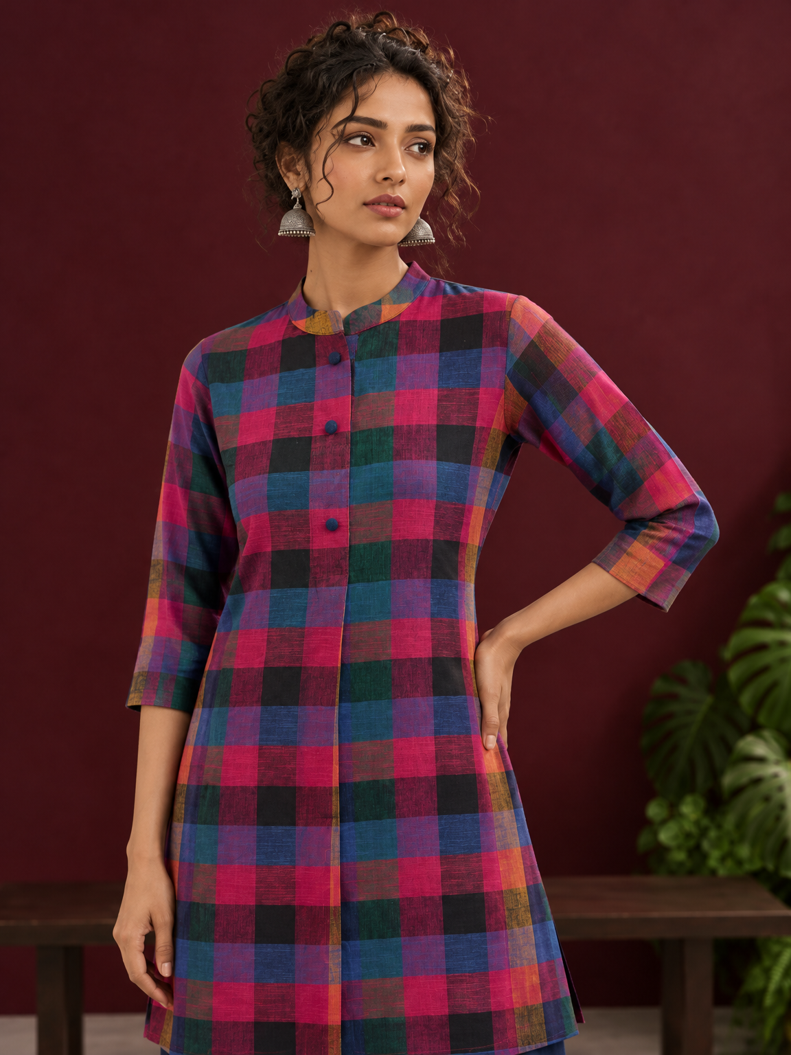 Madras checks Cotton Co ord with Mandarin Collar and Contrast Navy Button Placket and navy blue Farshi Salwar — fabric detail