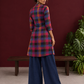 Madras checks Cotton Co ord with Mandarin Collar and Contrast Navy Button Placket and navy blue Farshi Salwar — back view