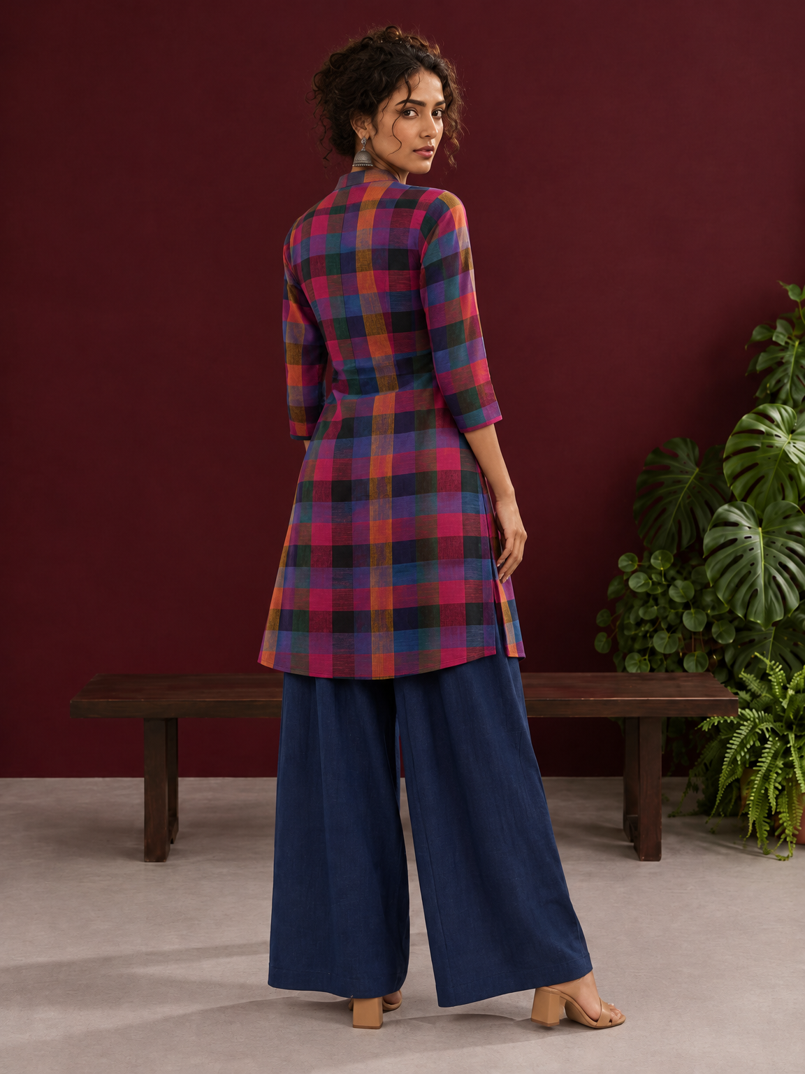 Madras checks Cotton Co ord with Mandarin Collar and Contrast Navy Button Placket and navy blue Farshi Salwar — back view
